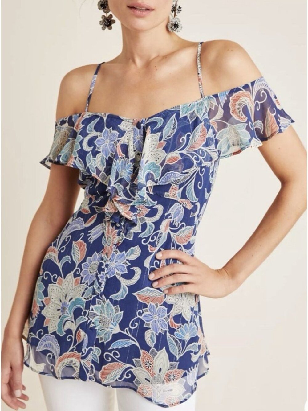 Maeve by Anthropologie Mariposa Open-Shoulder Ruffled Top Floral Navy Women’s 0